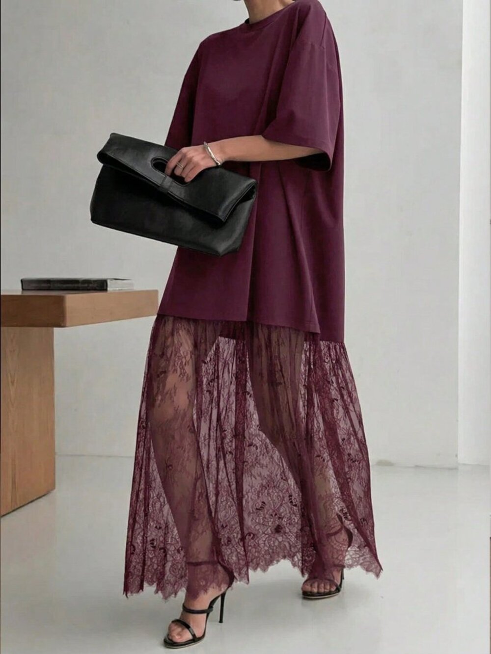 Burgundy Casual Women's Lace Contrast Patchwork Long Tunic